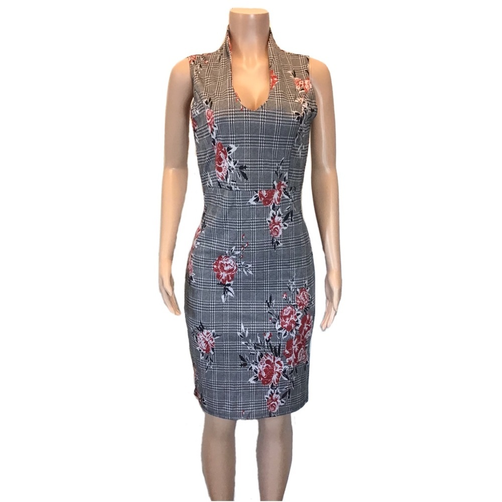 B Famous #USA Womens Red Rose Print Plaid Sleeveless Sheath Dress Size Large